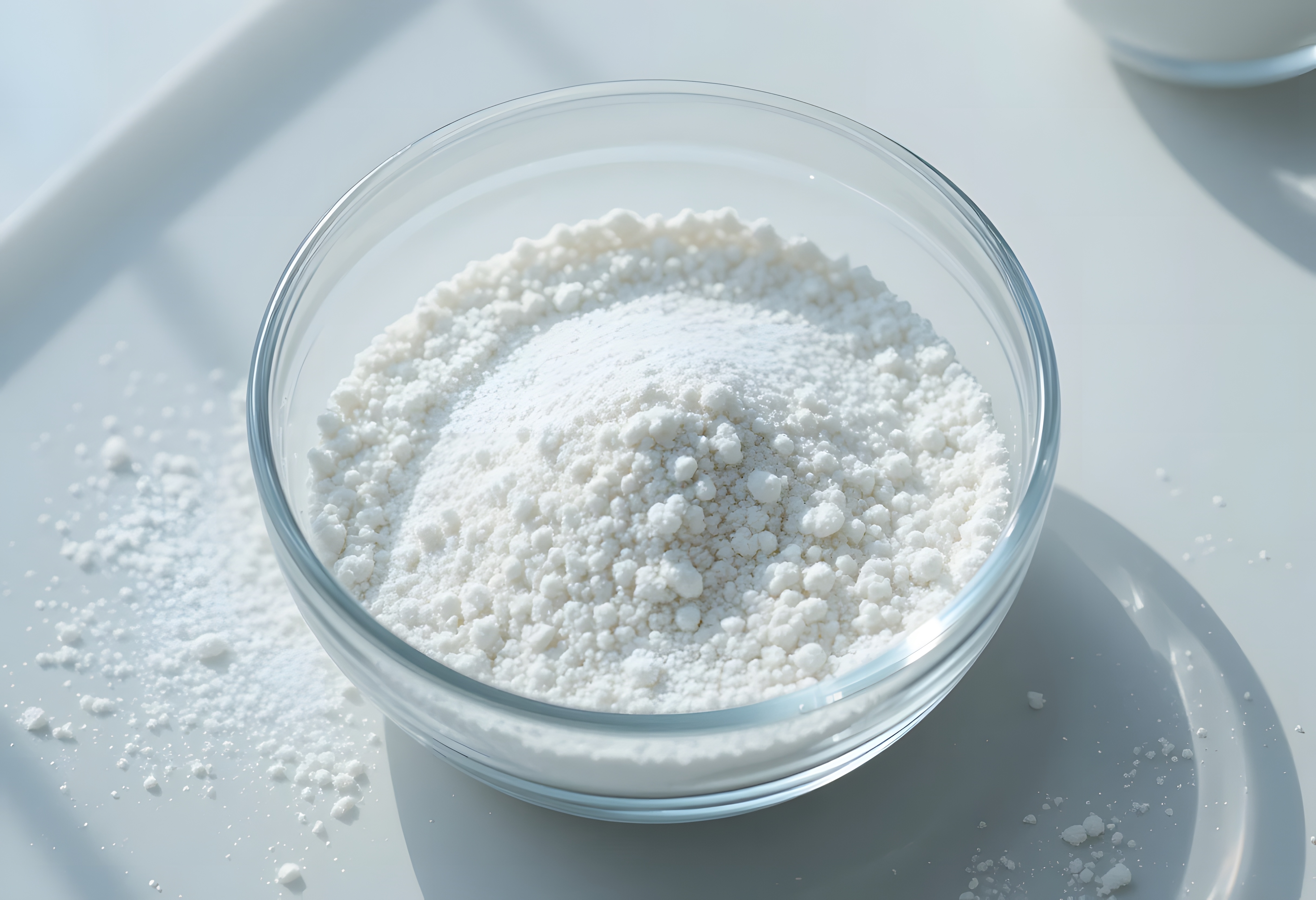 Citric acid anhydrous fine granular powder in a glass bowl
