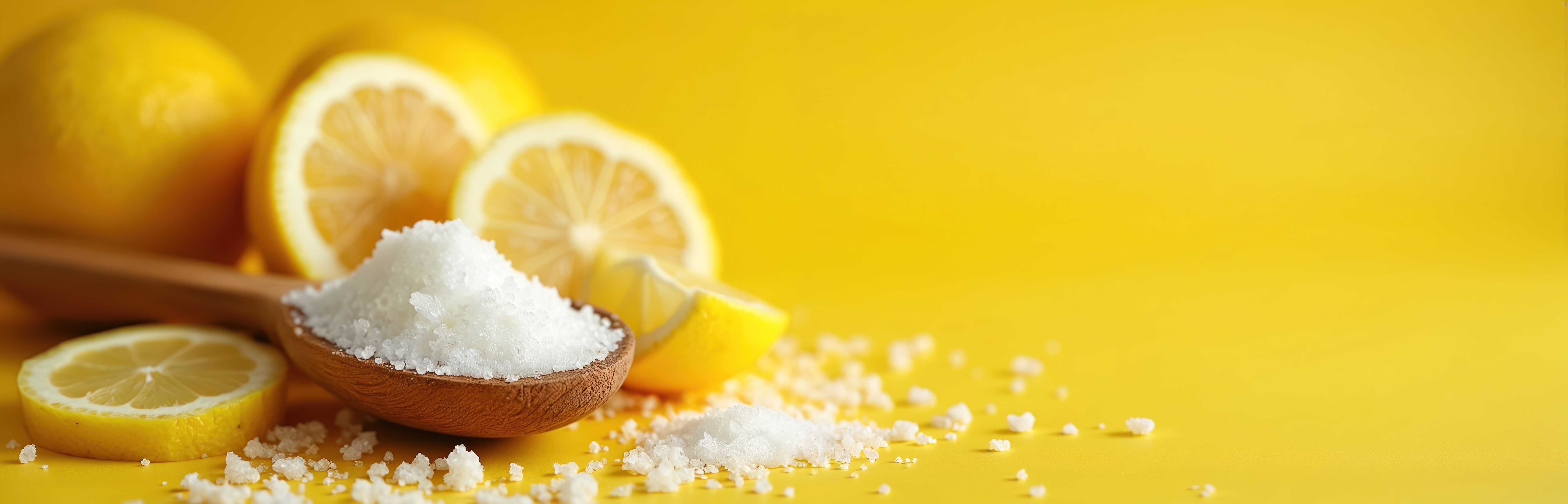 Citric acid crystals on a wooden spoon with lemons on yellow background