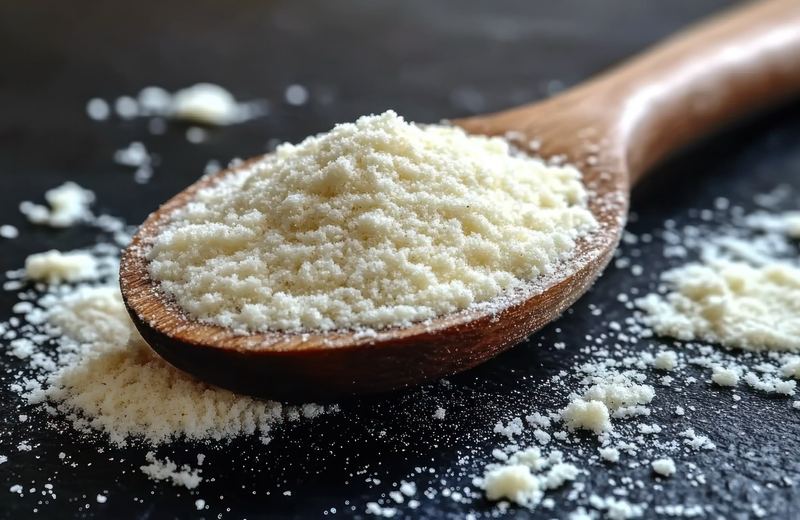 Spray-dried oil powder on a wooden spoon